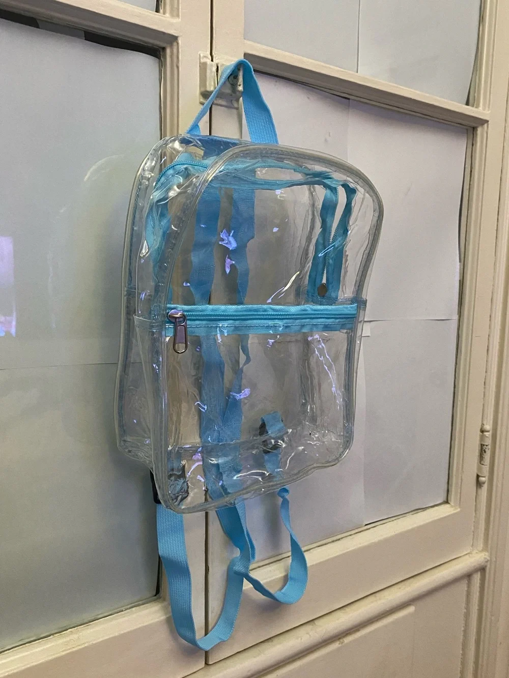 Clear PVC Backpack with Light Blue Trim,women's adjustable bag